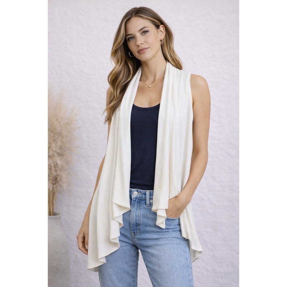 ALICE + OLIVIA Draped Open Front Linen Sleeveless Cardigan Cream Sz M‎